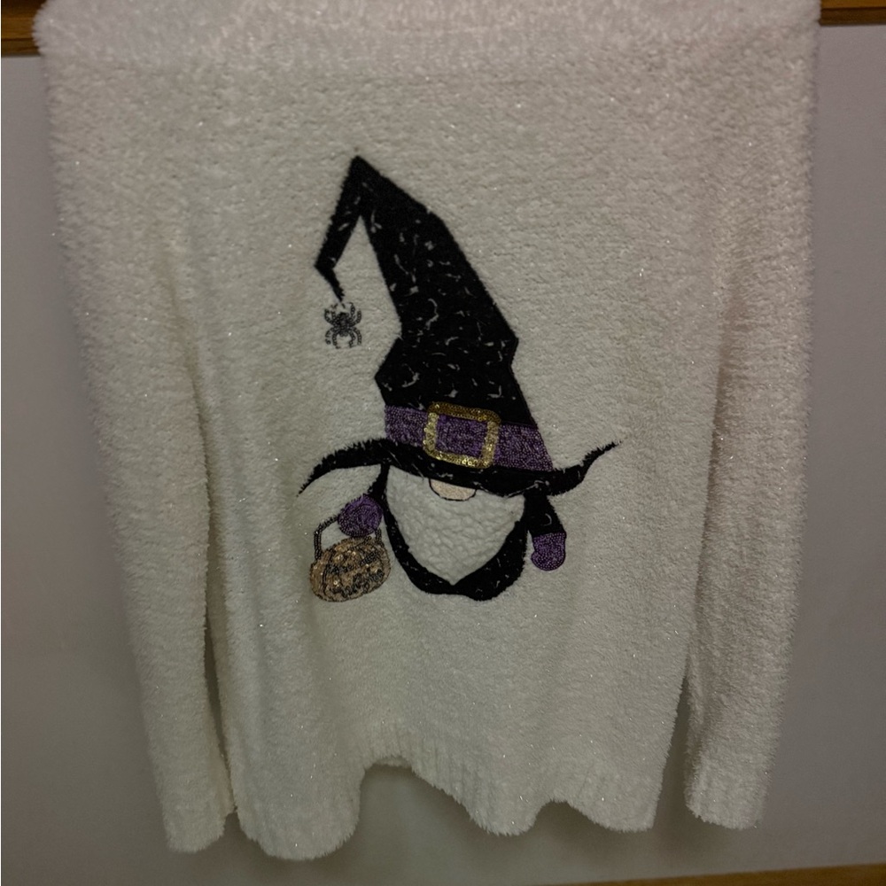 Poof! White Sweater with Witch Hat Design
